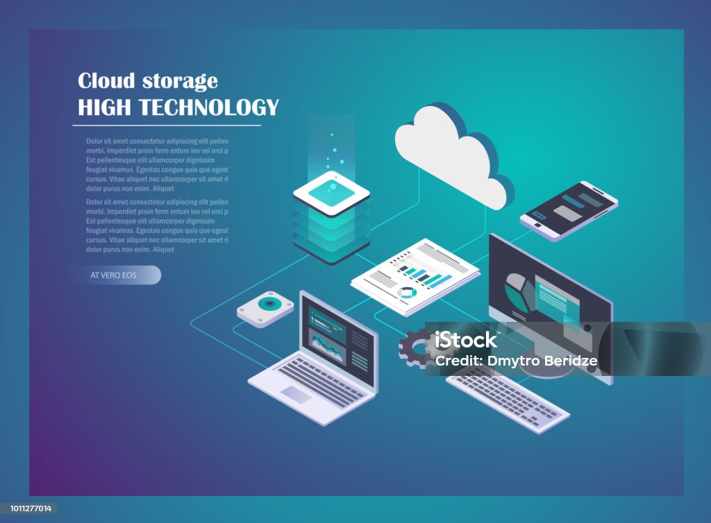Cloud Hosting Network concept Cloud Hosting Network isometric concept. Online Computing Storage concept. Computer, Laptop, Mobile phone, hard drive connection on blue background. Design for Landing Page. Vector illustration Cloud Computing stock vector
