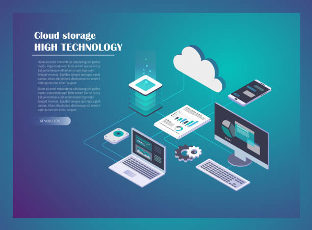 Cloud Hosting Network concept Cloud Hosting Network isometric concept. Online Computing Storage concept. Computer, Laptop, Mobile phone, hard drive connection on blue background. Design for Landing Page. Vector illustration isometric cloud server stock illustrations