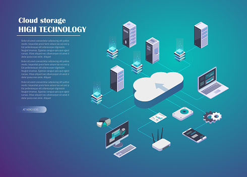 Cloud Storage and Network connection. Smart technology Isometric Concept. Data server, computer, laptop, Mobile Phone and other devices for storage and data transmission. Vector illustration.