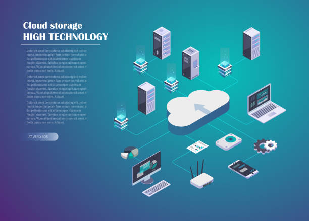 Cloud Storage and Network connection Cloud Storage and Network connection. Smart technology Isometric Concept. Data server, computer, laptop, Mobile Phone and other devices for storage and data transmission. Vector illustration. network server stock illustrations