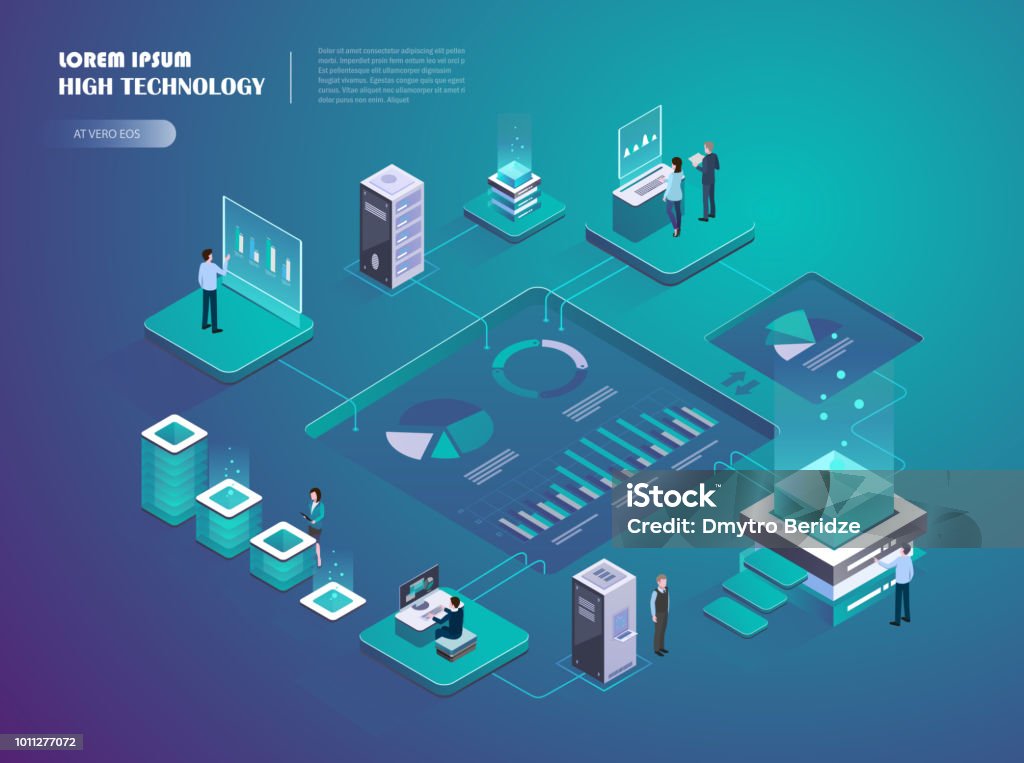 Crypto startup. Digital money market. Cryptocurrency and blockchain isometric composition with business people, analysts and managers at work. Digital money market, investment, finance and trading. Vector isometric illustration. Isometric Projection stock vector