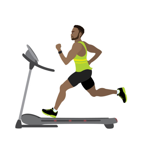 cartoon männlichen läufer auf einem laufband, fitness und jogging-konzept - treadmill gym isolated running stock-grafiken, -clipart, -cartoons und -symbole