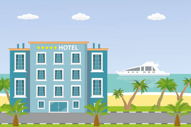 Hotel building and ocean beach,sand shore with palm trees, vector art illustration