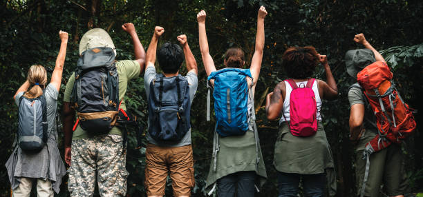 istock Group of happy diverse campers 1011284108