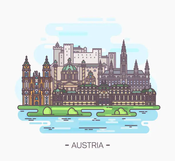 Vector illustration of Panorama of Austria landmarks of Vienna, Salzburg