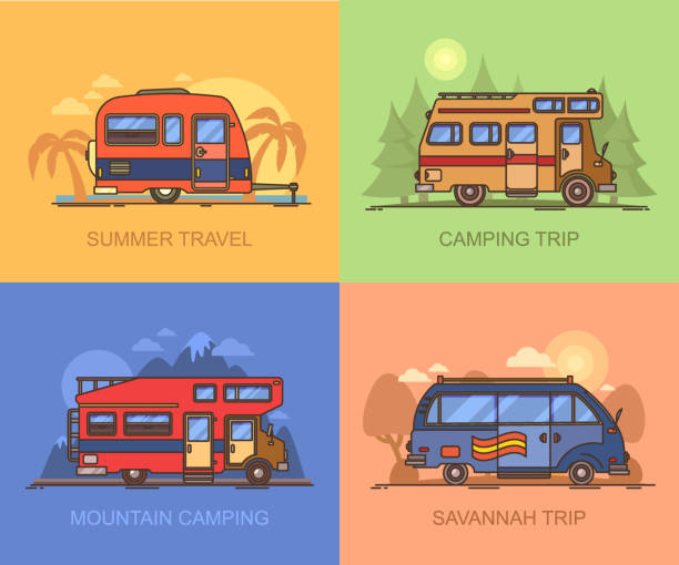 Van and truck for travels, recreational vehicle Set of auto transport for holiday recreation or vacation. Van for savannah trip. Lorry, truck for mountain camping. Campervan for wood adventure. Recreational vehicle for summertime desert camping stock illustrations