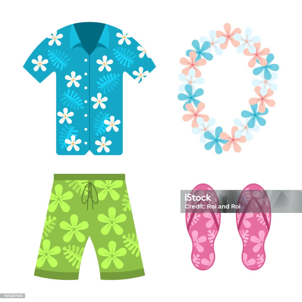 Ilustración de Camisa Hawaiana Pantalones Cortos De Verano Playa Collar Y  Sandalias Vector Conjunto De Planos De Dibujos Animados De Ropa Aislados En  Fondo Blanco y más Vectores Libres de Derechos de