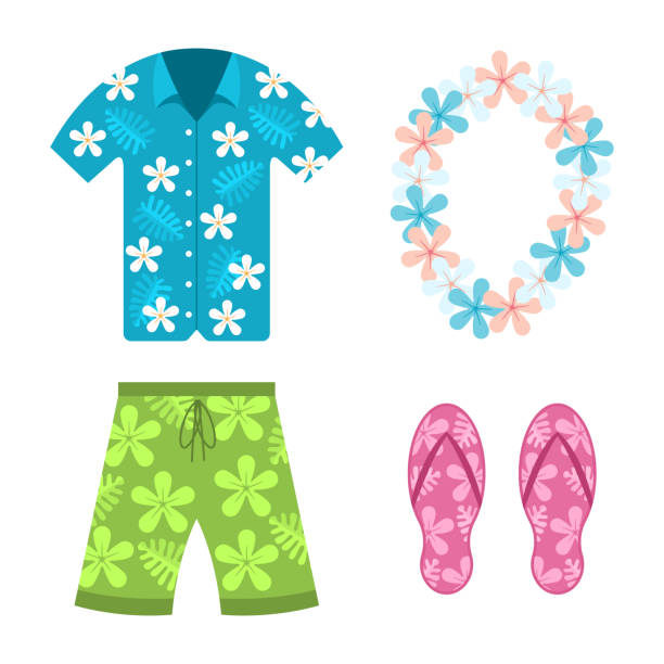 ilustraciones, imágenes clip art, dibujos animados e iconos de stock de camisa hawaiana, pantalones cortos de verano playa, collar y sandalias vector conjunto de planos de dibujos animados de ropa aislados en fondo blanco. - swimming trunks illustrations