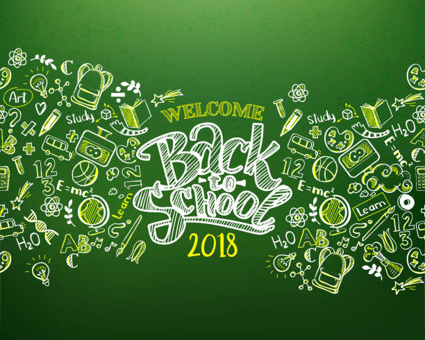 Green school chalkboard with apple vector art illustration