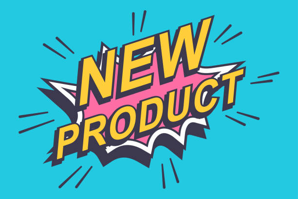 наклейка на новый продукт, этикетка. вектор комиксы пузырь значок изолированы на синем фоне. - new arrival merchandise label stock illustrations