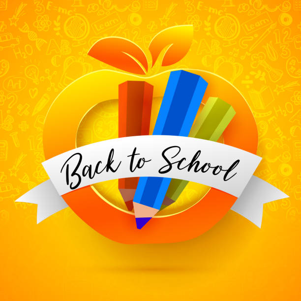 Orange Back to school apple with pencils vector art illustration