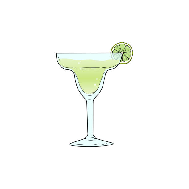 illustrations, cliparts, dessins animés et icônes de cocktails alcoolisés de marguerite en verre avec une tranche de lime. illustration vectorielle isolée sur fond blanc. main a mis au point la composition faite pour la conception de menus, bar, restaurant, impression. - liqueur color image isolated nobody