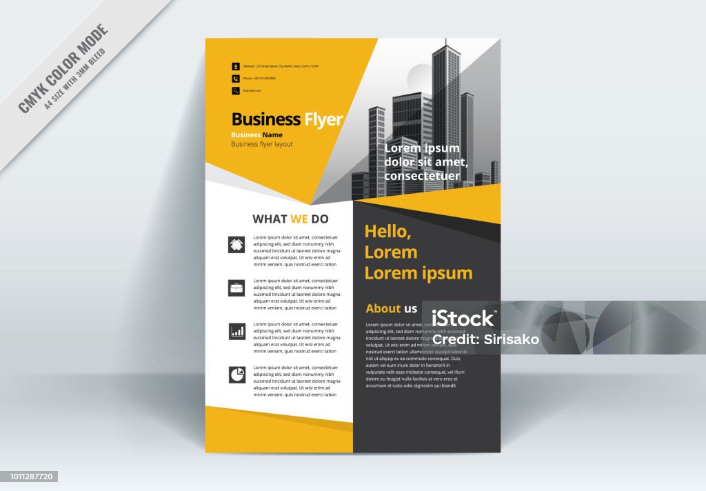 Brochure Flyer Template Layout Background Design. booklet, leaflet, corporate business annual report layout with yellow, gray and white background template a4 size - Vector illustration. Flyer - Leaflet stock vector