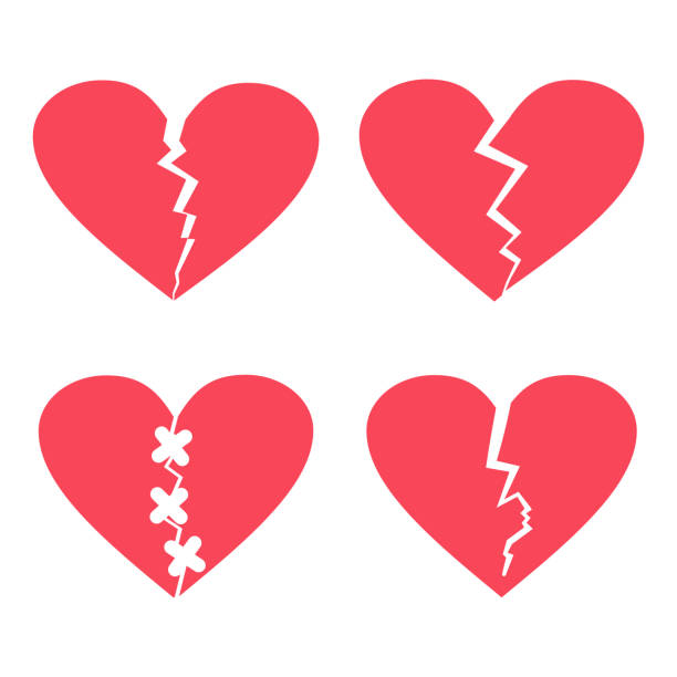 сломанный вектор сердца плоские значки устанавливают изолированные на белом фоне. - bandage heart shape pain love stock illustrations