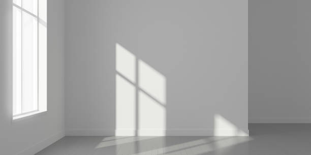 istock Stimulate image of empty white room and wood plank floor with sun light cast window shadow on the wall,Perspective of minimal design architecture.3d render. 1011293420