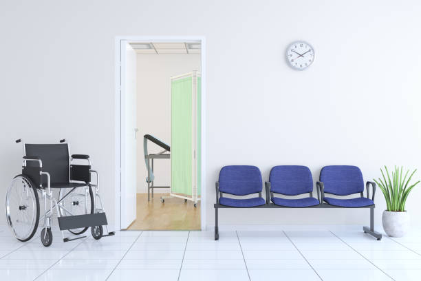 ожидание скамейке и инвалидной коляске за пределами комнаты врача - waiting room doctors office empty nobody стоковые фото и изображения