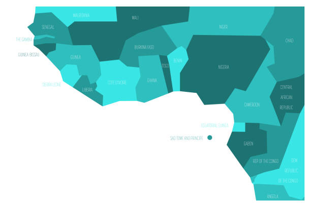 ilustrações de stock, clip art, desenhos animados e ícones de countries of guinea gulf - western africa. simplified and schematic political map. vector illustration in shades of turquoise blue - equatorial guinea