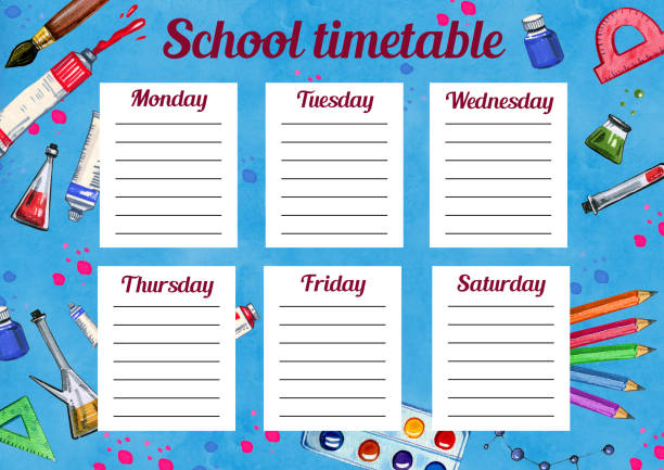 istock Template of school timetable with days of week and free spaces for notes. Hand drawn watercolor Illustration with school supplies 1011297288