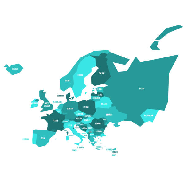 ilustraciones, imágenes clip art, dibujos animados e iconos de stock de muy simplificado infographical mapa político de europa en el esquema de color verde. ilustración de vector geométrico simple - europa continente