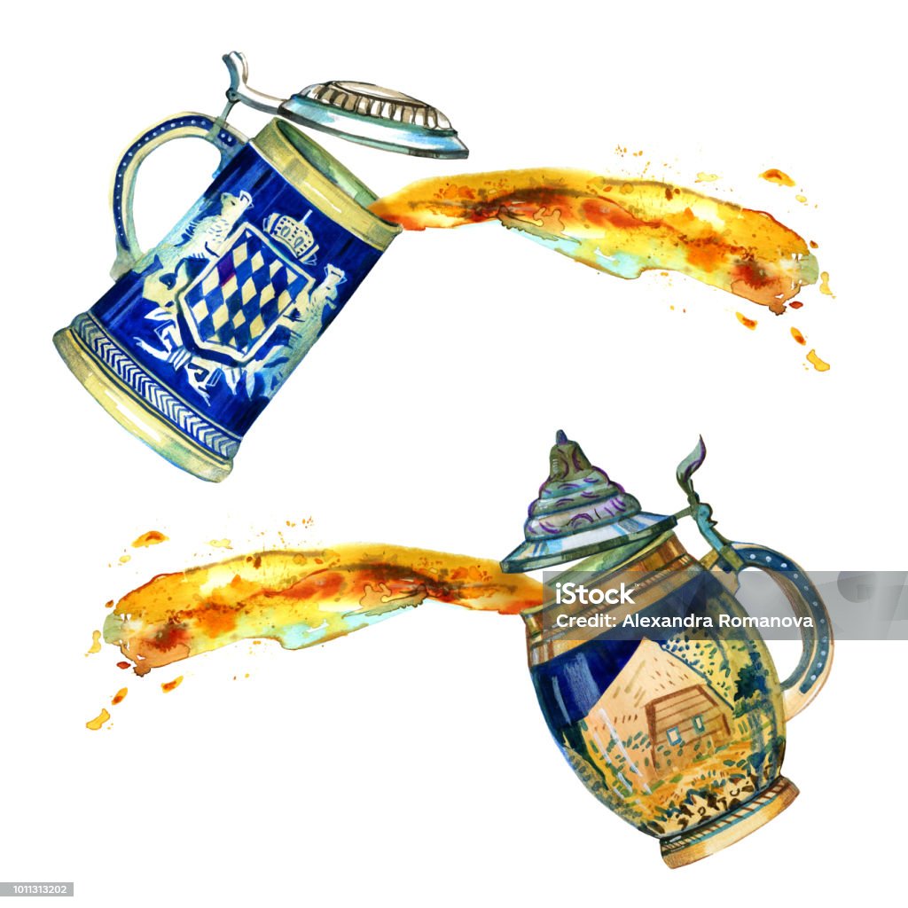 Hand drawn watercolor set of two bavarian beer ceramic mugs with beer splash Alcohol - Drink stock illustration