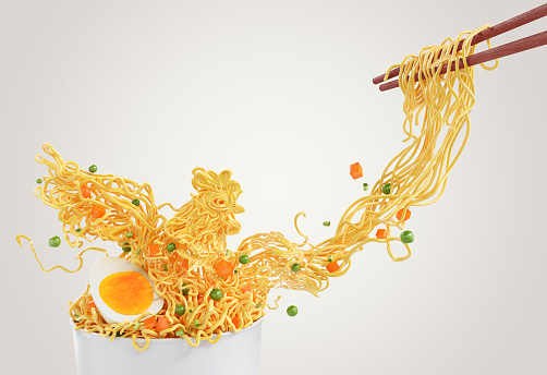 Chicken Noodles consist of peas and carrots, chopped with chopsticks form white Cup, 3d illustration.