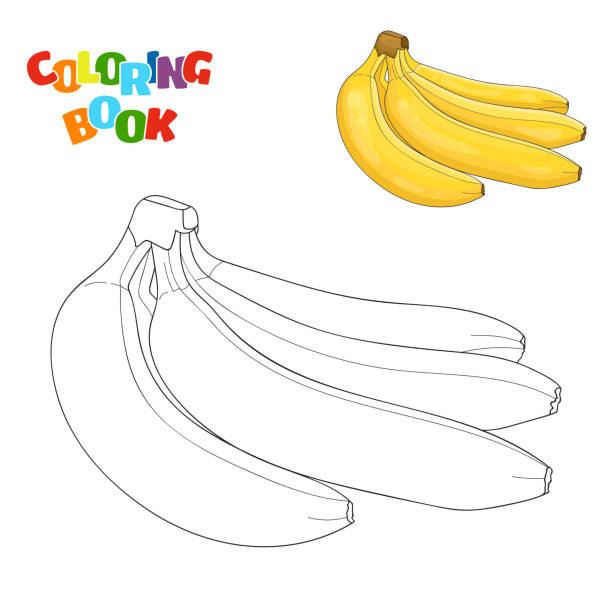 Página de libro para colorear para niños en edad preescolar con contornos de plátanos y una colorido copia de los mismos. Ilustración de vector para la educación de los niños.