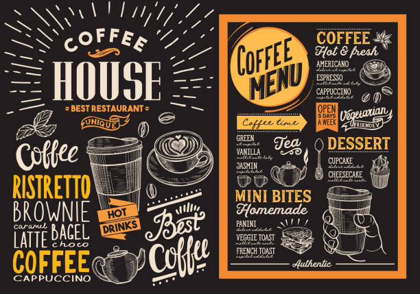 illustrations, cliparts, dessins animés et icônes de menu du restaurant café. dépliant de boisson de vecteur pour bar et café. modèle de conception sur fond noir avec des illustrations vintage alimentaire dessinés à la main. - coffee cup cappuccino food