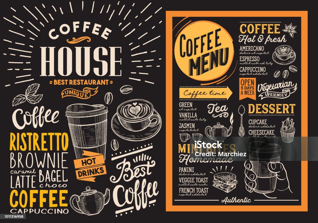 Coffee restaurant menu. Vector drink flyer for bar and cafe. Design template on blackboard background with vintage hand-drawn food illustrations. Menu stock vector