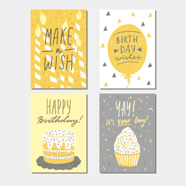 Happy birthday greeting card  templates collection. Vector illustration with lettering, hand drawn naive childlike style. birthday card stock illustrations