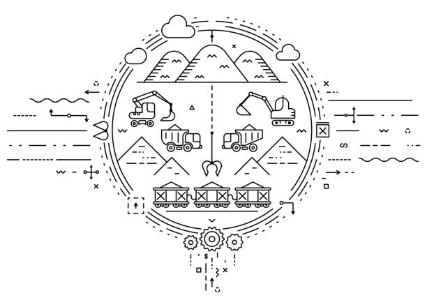 ilustrações de stock, clip art, desenhos animados e ícones de global concept of extraction minerals, soil, sand, gravel. extraction with excavator and transportation with dumper truck and freight train. flat infographics. linear illustration. - gold digger