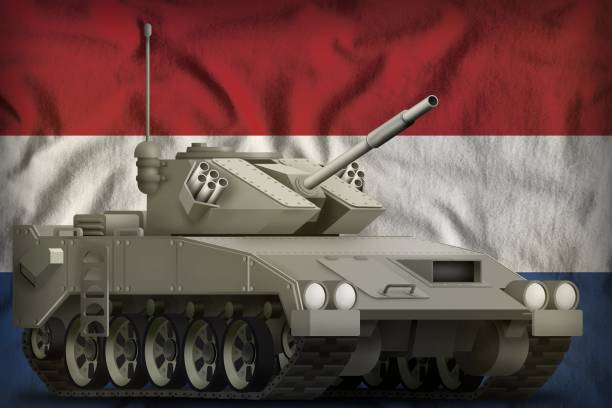 istock light tank apc on the Netherlands national flag background. 3d Illustration 1011354048