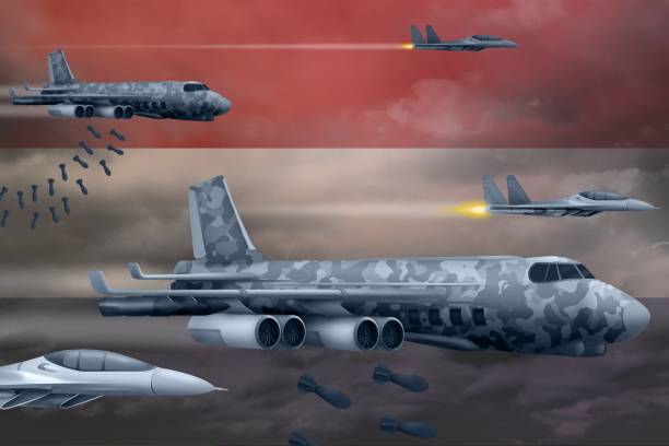 istock Netherlands air forces bombing strike concept. Netherlands army air planes drop bombs on flag background. 3d Illustration 1011354198