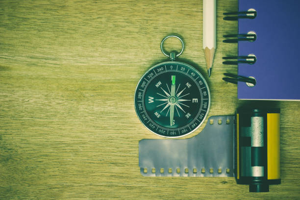 istock Compass photographic film and notebook with pencil. 1011358602