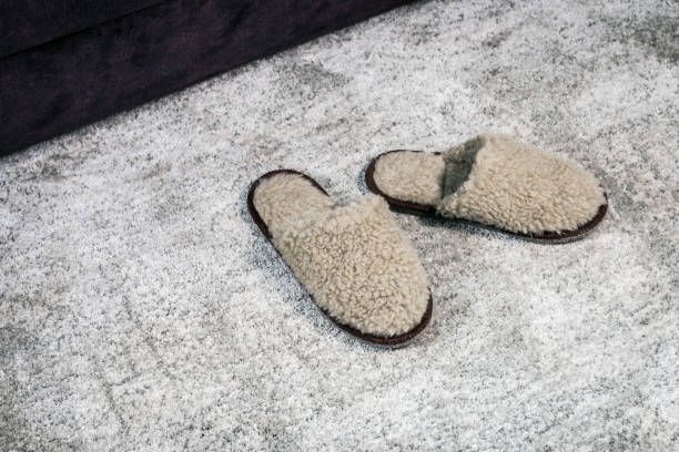 istock furry home Slippers brown on the carpet 1011362552