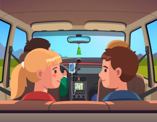plan-00-layout-template-numbered-60 Four people family on vacation car road trip. Countryside travel ride. Car interior, kids on back seat, parents on front row, father driving. Smiling sister & brother. Flat style vector illustration family in car stock illustrations