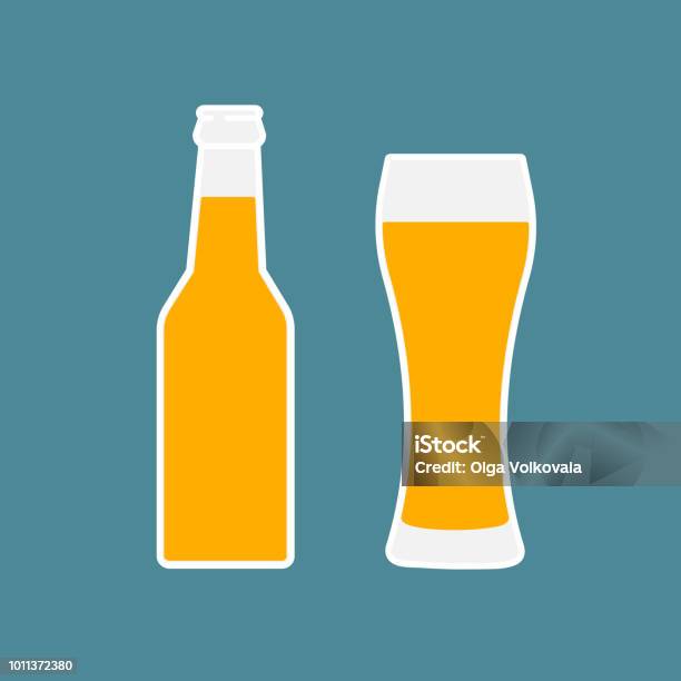Glass Of Beer And Bottle Flat Icon Stock Illustration - Download Image Now - Beer Bottle, Icon Symbol, Advertisement