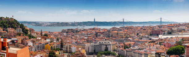 Wide panoramic view on river and historic Lisbon from Miradouro da Senhora do Monte