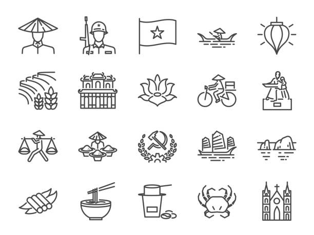 ilustrações de stock, clip art, desenhos animados e ícones de vietnam icon set. included icons as vietnamese, street food , pho noodle, communist, ho chi minh, landmarks and more. - thailand thai culture thai cuisine vector