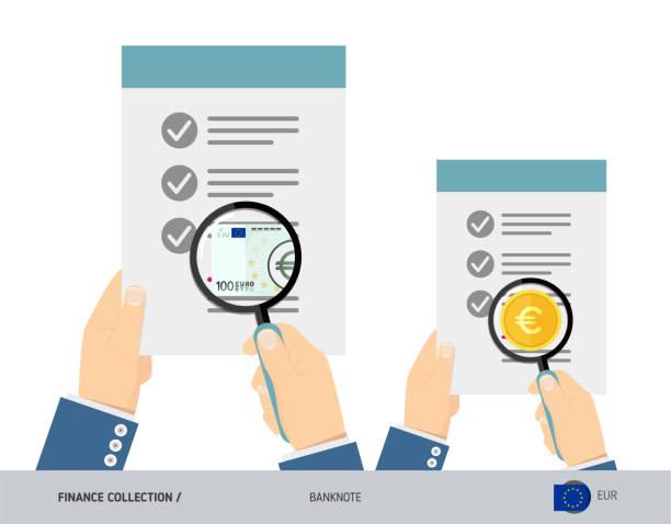 szukaj 100 banknot i moneta euro. ilustracja wektorowa w stylu płaskim. koncepcja korzystnych warunków. - condition text magnifying glass contract stock illustrations