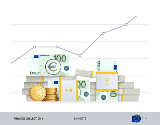 график роста с пачками банкнот номиналом 100 евро и монетами. иллюстрация вектора плоского стиля. рост финансовой и экономической концепции. - european union coin illustrations stock illustrations