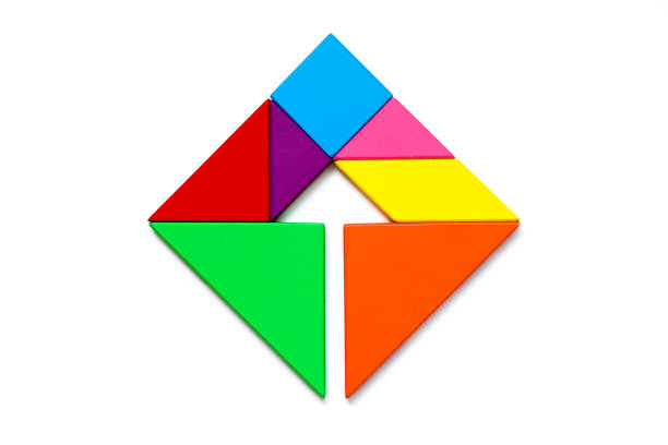 Color wood tangram puzzle in square with arrow inside shape on white background