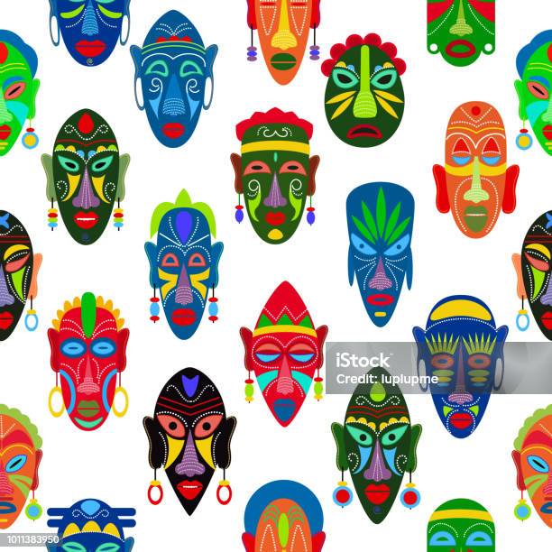 Tribal Mask Vector African Face Masque And Masking Ethnic Culture In Africa Illustration Set Of Traditional Masked Symbol Seamless Pattern Background Stock Illustration - Download Image Now