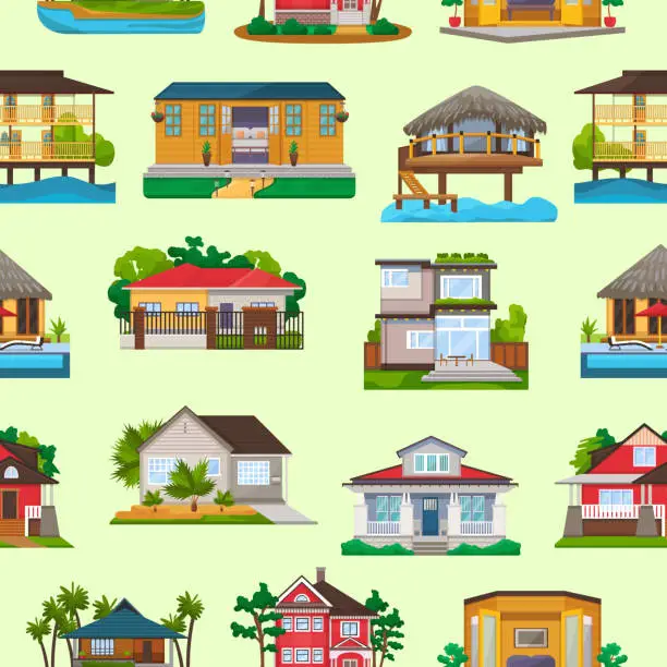 Vector illustration of Villa vector facade of house building and tropical resort hotel on ocean beach in paradise illustration set of bungalow in village seamless pattern background