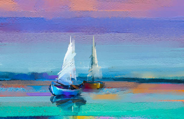 Impressionism image of seascape paintings with sunlight background. Modern art oil paintings with boat, sail on sea. Colorful oil painting on canvas texture. Impressionism image of seascape paintings with sunlight background. Modern art oil paintings with boat, sail on sea. Abstract contemporary art for background impressionism photos stock pictures, royalty-free photos & images