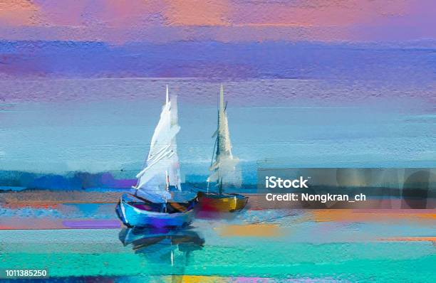 Impressionism Image Of Seascape Paintings With Sunlight Background Modern Art Oil Paintings With Boat Sail On Sea Stock Photo - Download Image Now