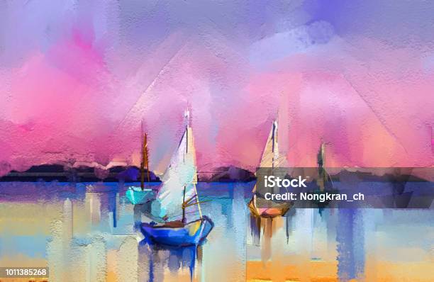 Impressionism Image Of Seascape Paintings With Sunlight Background Modern Art Oil Paintings With Boat Sail On Sea Stock Photo - Download Image Now