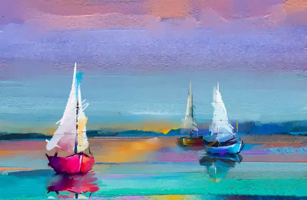 Photo of Impressionism image of seascape paintings with sunlight background. Modern art oil paintings with boat, sail on sea.