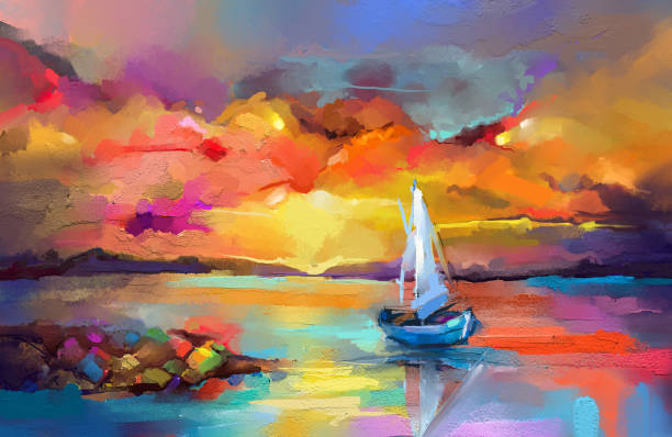 Colorful oil painting on canvas texture. Impressionism image of seascape paintings with sunlight background. Colorful oil painting on canvas texture. Impressionism image of seascape paintings with sunlight background. Modern art oil paintings with boat, sail on sea. Abstract contemporary art for background impressionism photos stock pictures, royalty-free photos & images