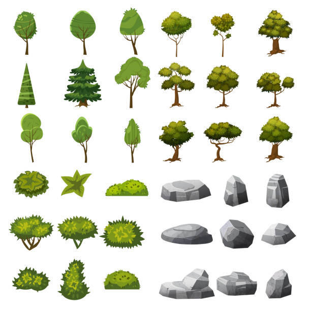 돌, 나무와 숲의 정원, 공원, 게임 및 응용 프로그램의 디자인에 대 한 경관 요소 집합입니다. 벡터 그래픽, 만화 스타일, 절연 - cypress tree 이미지 stock illustrations