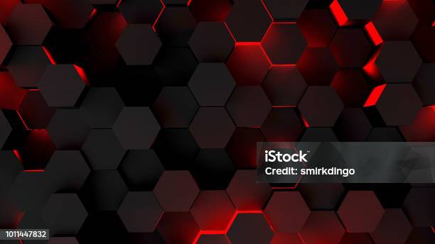 Abstract Hexagon Futuristic Surface With Red Neon Light Stock Photo - Download Image Now